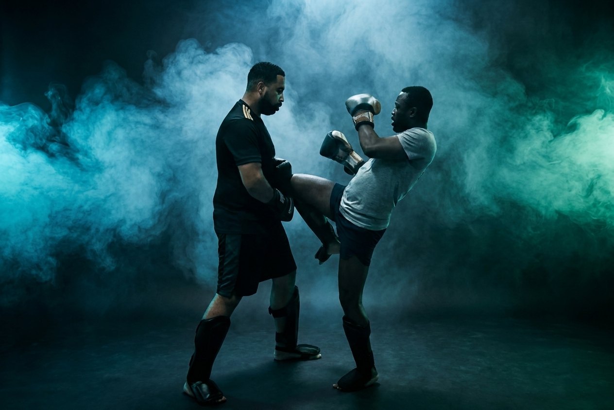 Glody Matusiwa traint knietjes tijdens een MMA-les van Bomba t’Gooi