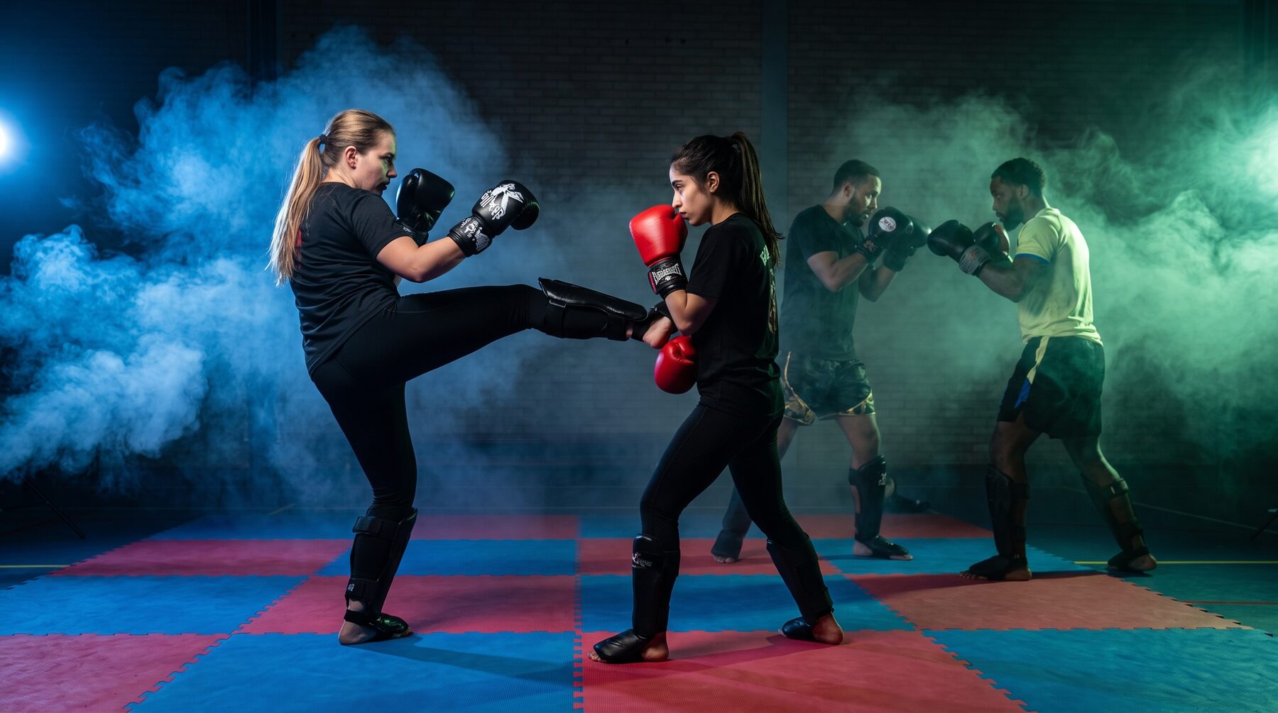 Women’s Only kickboksen: vrouwen trainen traptechnieken op trapkussens